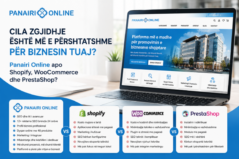 Cila zgjidhje është më e përshtatshme për biznesin tuaj, Panairi Online apo Shopify, WooCommerce dhe PrestaShop?